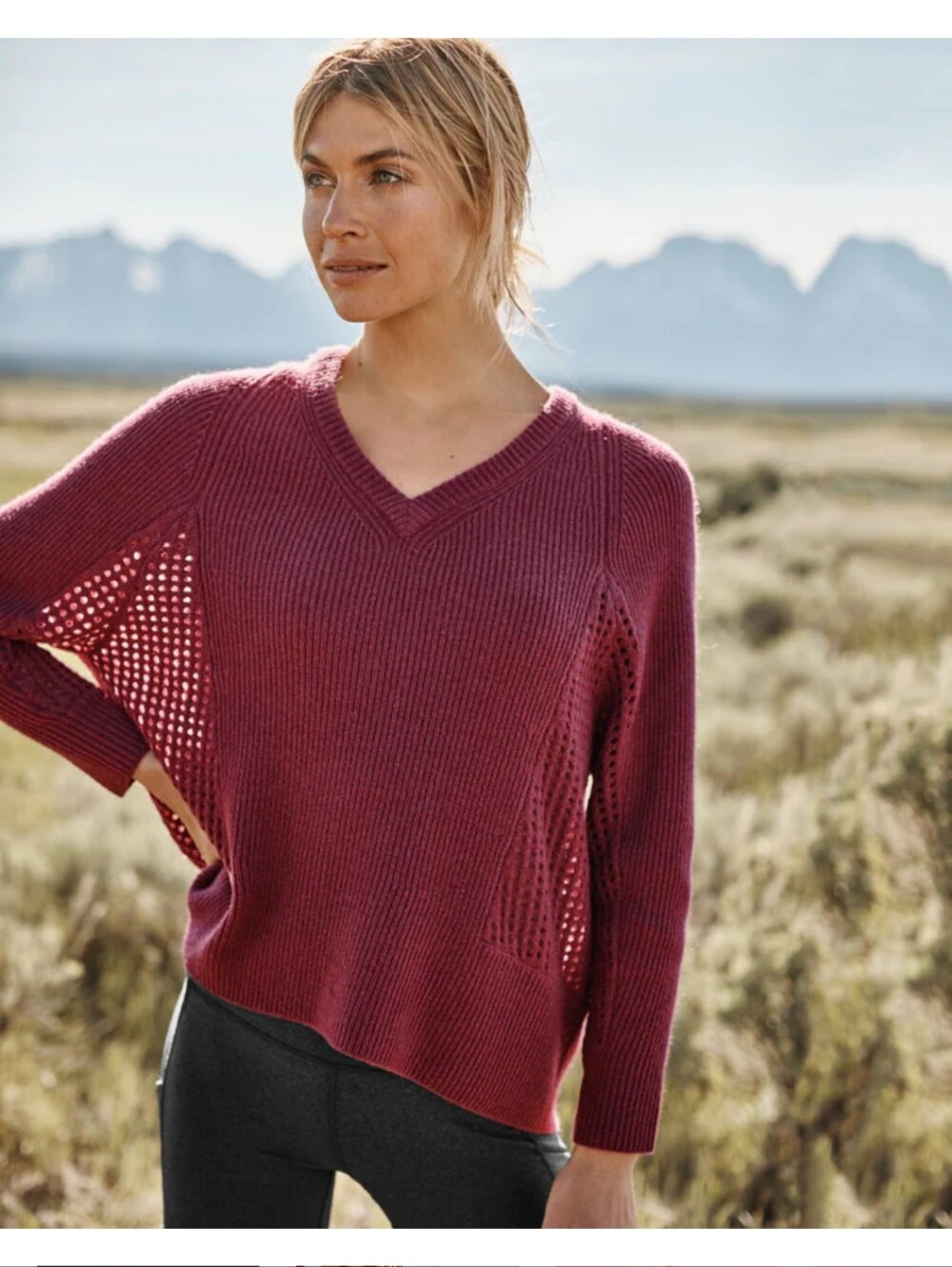 Garnet Hill Womens 100% Cashmere Ribbed Pointelle Sweater Burgundy Small